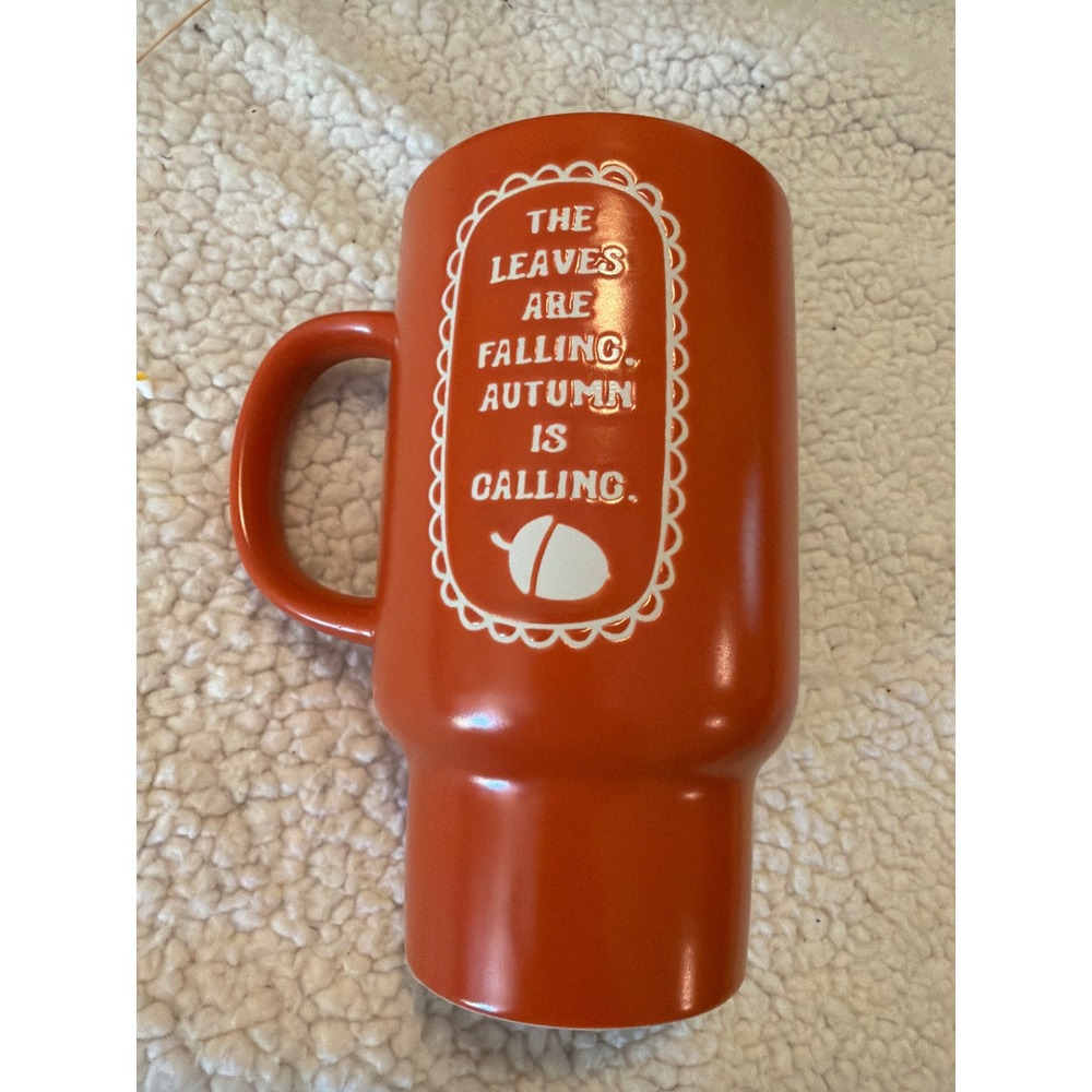Boston Warehouse Leaf & Bean Autumn Is Calling Orange Stoneware Travel Mug Acorn